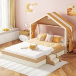 Lit cabane 140 x 200 cm, lit enfant, avec échelle, pu, lit double sans matelas, beige + marron clair