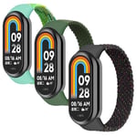 3 Pack Bracelet pour Xiaomi Mi Band 9/Xiaomi Smart Mi Band 8 Bracelet,Nylon Braided Stretch Solo Loop Bracelets Sport Band pour Xiaomi Band 8/Mi band 9 Bracelet,Noir unité/vert blanc/vert,L