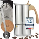 Milu cafetière Italienne Induction | 2 4 6 9 Tasses | Cafetière Moka en INOX, Espresso Maker Acier Inoxydable, Ensemble comprenant un sous-verre, une cuillère (Aspect bois, 6 tasses (300ml