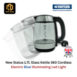 New Status 1.7L Glass Kettle 360 Cordless Electric Blue Illuminating Led Light