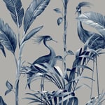 BELGRAVIA AZZURA TROPICAL BIRDS LEAF NAVY BLUE METALLIC SILVER WALLPAPER 9506