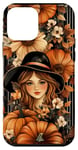 Coque pour iPhone 12 mini Noir Moderne Rayé Vintage Automne Fleur Automne Citrouille