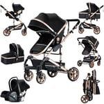 Magic ZC 3 in 1 Pushchair Pram Travel System, Baby Stroller 3 in 1 with Reversible Two Pushing Modes, Newborn Infant Buggy Aluminum Frame, Toddler Carriage One-Click Folding (739 Black Gold-1)