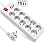 10 Prises Multiprise Parafoudre Jusqu'à 1700 Joules, Multiprise Electrique USB C,4 USB Chargeur Rallonge Multiprise électriques avec Interrupteur Protection Enfant Murale Multiprise Plate 1,5m,Blanc