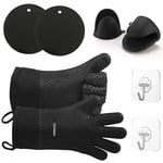 GEEKHOM Oven Mitts and Pot Holders, Heat Resistant Silicone Grilling Gloves with Fingers Mini Oven Gloves Hot Pads Potholders, Waterproof Non-Slip Oven Mitts Set for Kitchen Baking Cooking (Black)