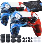 Lot De 2 Coques En Silicone Pour Manette De Ps5 (Camou Rouge + Bleu) Avec 8 Poignées Pour Les Pouces, 8 Bouchons Et 4 Protections Anti-Chocs