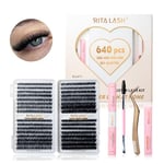 RITALASH DIY Lash Extension Kit 640pcs Lash Clusters Eyelash Extension Kit with Mascara Brush Bond and Seal Lash Glue Remover Lash Applicators (640pcs 30D+40D+50D+60D KIT)