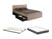 Lit avec 2 tiroirs 160 x 200 cm - Coloris : Naturel et noir + Sommier + Matelas - VELONA