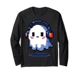 Cute Pixelated Ghost with Headphones Music Lover Pixel Art Long Sleeve T-Shirt