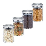 Relaxdays Jars in Set of 4, 750 ml Capacity, Steel Airtight Lids, Dry Food Storage, Glass, Transparent/Silver, 14 x 9.5 cm