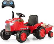 Tracteur Electrique Enfants 12V avec Remorque Amovible 3 Vitesses Télécommande Lumières LED Son Voiture Électrique Rouge