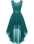 Berylove Vintage Robe de Cocktail Pin Up High Low en Dentelle Mousseline pour Mariage Soirée Bal Jupe Asymétrique sans Manche avec Ceinture 35 Peacock Green 3XL