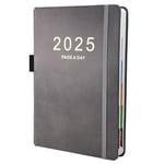 2025 Diary A5 Day Per Page, From Jan to Dec, Productivity A5 Daily Planner, Full Year Daily Planner with Colorful Monthly Tabs, Fine Inner Pocket, 5.9" × 8.5" (Grey)