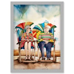 Happy Elderly Couple On Summer Beach Chairs Watercolour Painting Artwork Framed Wall Art Print A4