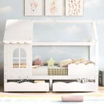Lit cabane enfant 90 x 200 cm - avec 2 tiroirs, fenêtre, sommier à lattes en pin, Prévention des chutes - Blanc