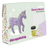 Décopatch KIT010O - Un mini-kit comprenant un animal en papier pulpé blanc, 2 feuilles Décopatch, un pinceau et un pot de vernis colle, CHEVAL