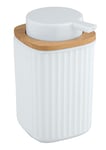 WENKO Distributeur de savon Rotello, contenance 250 ml, rechargeable, en plastique avec décoration en bambou, convient également pour du liquide vaisselle, 8,9 x 12,7 x 7,5 cm, blanc/couleur naturelle