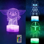 3D Illusionsnatlampa för Barn, LED Skrivbordslampa med 3 Mönster & 16 Färgbyten, Baby Yoda/Darth Vader/Stormtrooper Leksaker