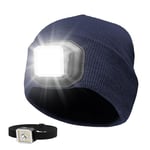 Smiling Shark Bonnet Lampe Frontale, 2 Type LED Tricoté Chapeau Bleu Légèreté Rechargeable 【Mode Flood & Spot】 avec Bonnet Tricoté Bonnet Hiver Chaud Unisexe pour Homme Femme Course à Pied Randonnée