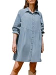 CUPSHE Mini robe en jean boutonnée sur le devant et manches trompettes 3/4 avec coutures cintrées pour femme, bleu clair, XL