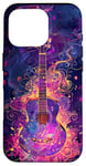 Coque pour iPhone 16 Pro Guitare ethnique vintage violette avec motif fumé coloré