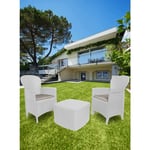 Dmora - Set salon d'extérieur Dkon, Salon de jardin composé de 2 fauteuils et 1 table conteneur, Salon effet rotin, 100% Made in Italy, Blanc