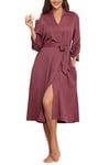 Lovasy Peignoir Long Femme en Tricot Gaufré Robes de Chambre Doux et Léger Longueur sous les Genoux Loungewear Col V avec Ceinture A Rose haricot(Petite Gaufré) XL