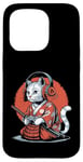 Coque pour iPhone 15 Pro Japon Kawaii Cat Samurai Casque Casque Manette de Jeu Vidéo