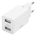 DELTACO USB wall charger, 2x USB-A, 2,4 A, total 12 W, white