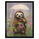 Picking Flowers in the Rain Oil Painting Cute Sloth with an Umbrella in a Wildflower Meadow Kids Bedroom Art Print Framed Poster Wall Decor 12x16 inch