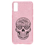 Coque Iphone XR paillettes rose mort noir mexicaine calavera