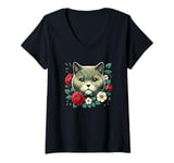 Womens Roses Flowers British Shorthair V-Neck T-Shirt