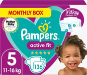 Pampers Baby Nappies Size 5 (11-16 kg/24-35 Lb), Active Fit 136 Nappies