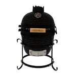 Barbecue Charbon de Bois Mini Kamado, BBQ Céramique Noir 33cm avec Poignée en Bois, Thermomètre Intégré, Ventilation Supérieure & Inférieure, Extérieur Jardin Camping [Pieds INCLUS]