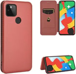 Compatible Avec Coque Google Pixel 5, Mince Flip Fibre De Carbone [Test De Chute] Antichoc Stand Fente Avec Carte, Protecteur D'écran En Verre Trempé*2-Marron