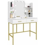 Coiffeuse avec Miroir et led Woltu Table de Maquillage en Bois et Métal, Style Moderne, 90x45x136cm, Blanc et Or