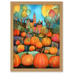 Farm House Halloween Pumpkin Patch Modern Folk Art Watercolour Painting Artwork Framed Wall Art Print A4