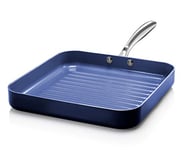 Granitestone Blue Nonstick 10.5 Inch Grilling Pan, Diamond Infused, Metal Utensil Sear Ridges for Grease Draining, Stay Cool Stainless-Steel Handle Oven and Dishwasher Safe, 100 Percent PFOA Free