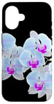 Coque pour iPhone 16 Magnifique orchidée Phalaenopsis bleu clair Formes noires Mania