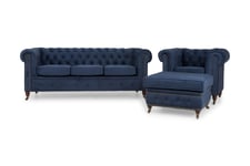 Chesterfield Deluxe Sofagruppe 3+Lenestol+Fotskammel Fløyel - Petrolblå/Fløyel sofagruppe Blå