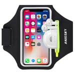 HAISSKY Running Armband with Earbuds Bag Sports Phone Armband for iPhone 15 Pro Max/14 Pro/13 Pro Max/12/12 Pro/11/XS/XR/X/8 Plus Sports Phone Holder Case with Zipper Pocket for Phones up to 6.9"