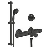 GROHE Start Bath/Shower Installation Set (Exposed Bath Thermostat, Shower Hose 1.75 m, 2 Spray Hand Shower 10 cm, Shower Rail Set, Robe Hook), Matt Black