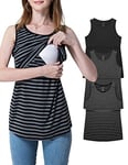 Sosolism 3 Pcs Women's Maternity Tank Tops Rayon Loose Nursing Tshirt Breastfeeding Clothes, Black/Grey/Striped, L