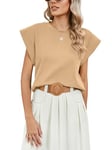 Famulily Women's Vests Cap Sleeve Tank Tops Crew Neck T Shirts Loose Fitted Summer Sleeveless Tops (S, Beige)