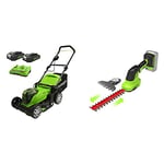 Greenworks Tools Tondeuse à Gazon Largeur de Coupe 41cm Jusqu'à 220 m² avec bac de ramassage 50 et réglage centralisé de la Hauteur de Coupe en 6 Volets + cisaillement d'arbustes + Batterie + Chargeur