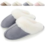 HILAX Pantoufles Femme Homme Hiver Chausson Maison Confort Chaud Slippers Cuir Peluche Mules Fourrure Intérieur Antidérapant Chaussures pour la Maison, Gris, EU 36/37