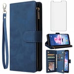 Asuwish Coque pour Huawei P Smart 2017 2018/Honor 9 Lite Portefeuille avec Verre Trempé et Porte Carte Chaine PU Cuir à Clapet Housse Support Hawaii PSmart 9Lite Fig-LX1 LLD-L31 Téléphone Case Bleu