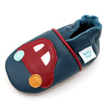 Dotty Fish. Chaussures Cuir Souple pour Tout-Petits et Bébé. Semelle Souple antidérapante. Garçons. Bleu avec Voiture. 12-18 Mois (21 EU)