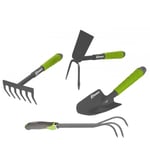 Lot 4 outils de jardinage - RIBIMEX - Griffe 3 dents, serfouette, rateau, transplantoir pour fleurs