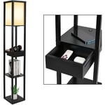 Puluomis - Lampadaire à 3 niveaux avec 2 ports usb, lampadaire, lampadaire, éclairage intérieur E27 pour chambre, salon, étagère en bois, noir, 160 cm